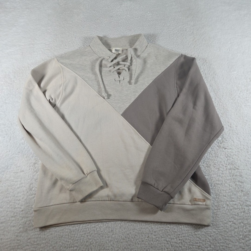 BKE Sweater Womens Size Large Tan White Long Sleeves 1/4 Lace Up Boxy Boho‎